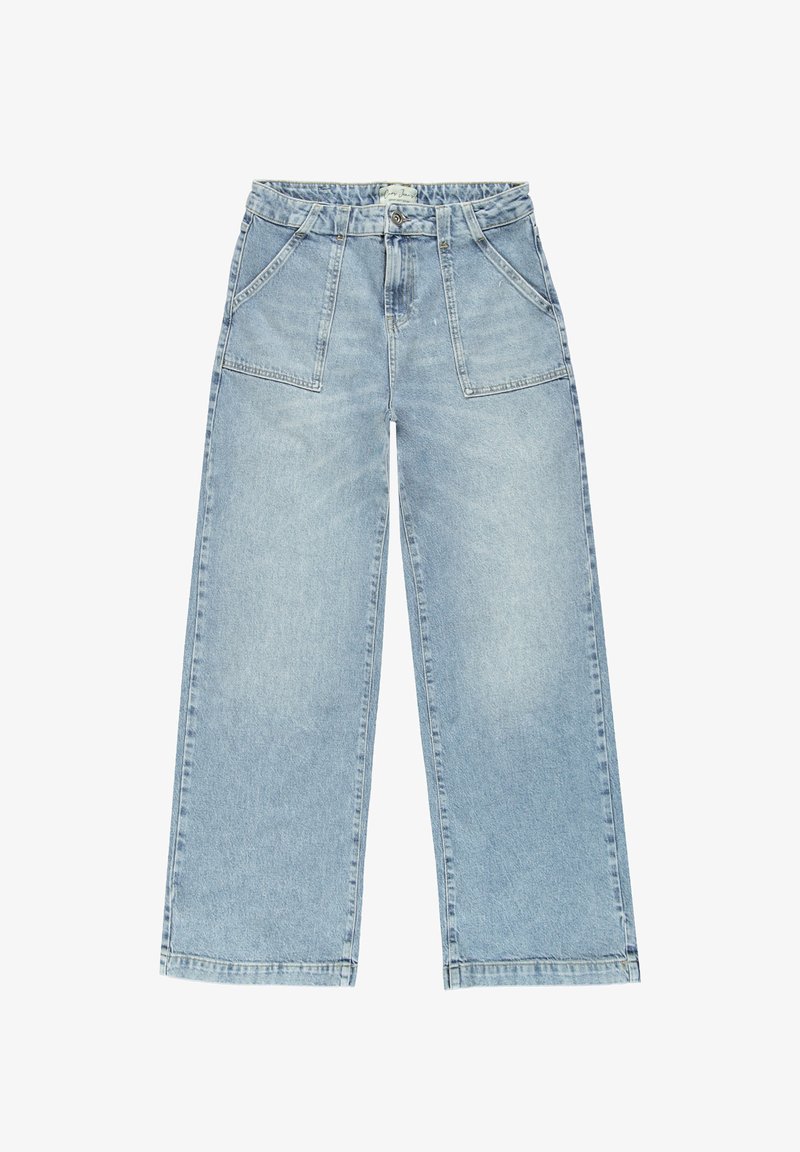 Lichtblauwe denim wijdere broeken met een hoge taille, voorzien van twee voorkruiden en een knoopsluiting, met een licht vervaagde wassing.