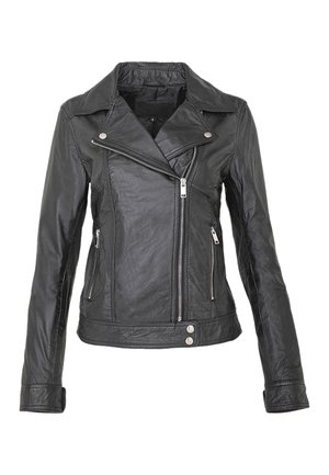 Chaqueta de biker de cuero negro con cierre de cremallera asimétrica, herrajes plateados, botones a presión y acabado texturizado. Mangas largas y cuello con muesca.