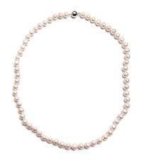 Pearl necklace featuring uniform light pink round pearls with a smooth texture, secured with a silver clasp and a polished black accent.