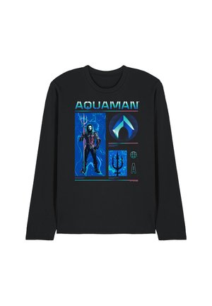 Black long-sleeve shirt with Aquaman text, image of Aquaman holding a trident, trident symbol, and stylized emblem on front.