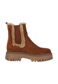 Botas de tobillo de ante marrón con suela gruesa, que cuentan con un ribete de pelaje sintético y paneles laterales elásticos para mayor comodidad al ponérselas. Superficie texturizada y diseño robusto.