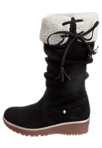 Bottes hautes jusqu'au genou en daim noir avec un bord en fausse fourrure blanche et un cordon de serrage. Semelle légère et flexible avec une surface antidérapante texturée. Logo Geox sur le côté.