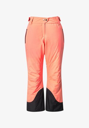 Koraalroze sneeuwbroeken met zwarte verstevigde onderbenen, ritssluitingen aan de zijkanten, dubbele drukknoopsluiting aan de taille en verstelbare tailleflappen.