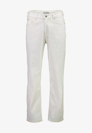 Hvite denimjeans med rette ben, fem lommer, frontknapplukking og sømdetaljer. Myk tekstur med litt stretch.