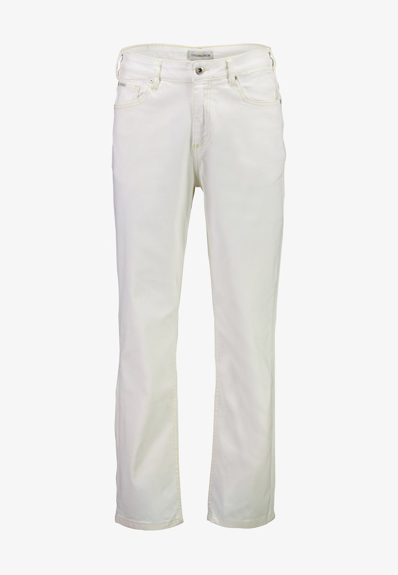 Hvite denimjeans med rette ben, fem lommer, frontknapplukking og sømdetaljer. Myk tekstur med litt stretch.