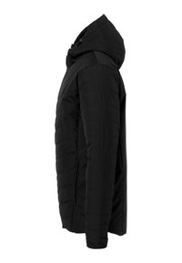 Sort isoleret jakke med hætte, quiltet tekstur og glat stof. Har sidelommer og en tætsiddende silhuet.