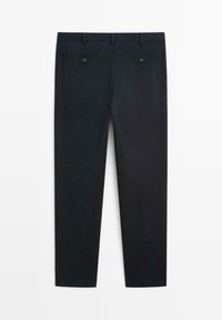 Black trousers with a straight cut, featuring two back pockets with buttons, smooth fabric texture, and a solid color without patterns.