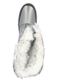 Bota plateada impermeable con forro de pelo sintético y punta redondeada. Textura exterior suave, suela de goma y panel lateral elástico para facilitar el uso.