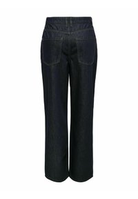 Jeans de mezclilla oscura con corte holgado, que presentan una cintura alta, dos bolsillos traseros y costuras visibles a lo largo de las uniones.
