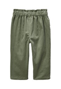 Shorts en velours côtelé vert avec une taille élastique, présentant une texture lisse et une coupe droite. Pas de poches ni de métal visible.