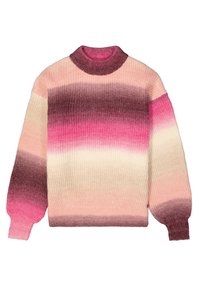 Strickpullover mit hohem Kragen, der ein Farbverlaufsmuster zeigt, das von Dunkelviolett zu sanftem Pink übergeht, mit gerippten Bündchen und Saum.