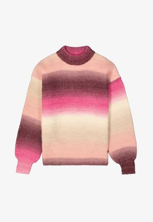 Pull en tricot à col haut, avec un motif dégradé passant du violet foncé au rose doux, avec des poignets et un ourlet côtelés.