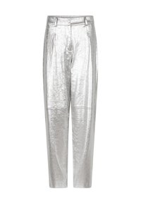 Zilveren broek met een glanzende, metallic afwerking, voorzien van een losse pasvorm, hoge taille en een subtiel textuurpatroon over de stof.