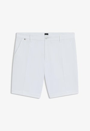 Pantaloni corti bianchi realizzati in tessuto liscio con una finitura strutturata. Presentano due tasche laterali e una chiusura frontale con bottone.