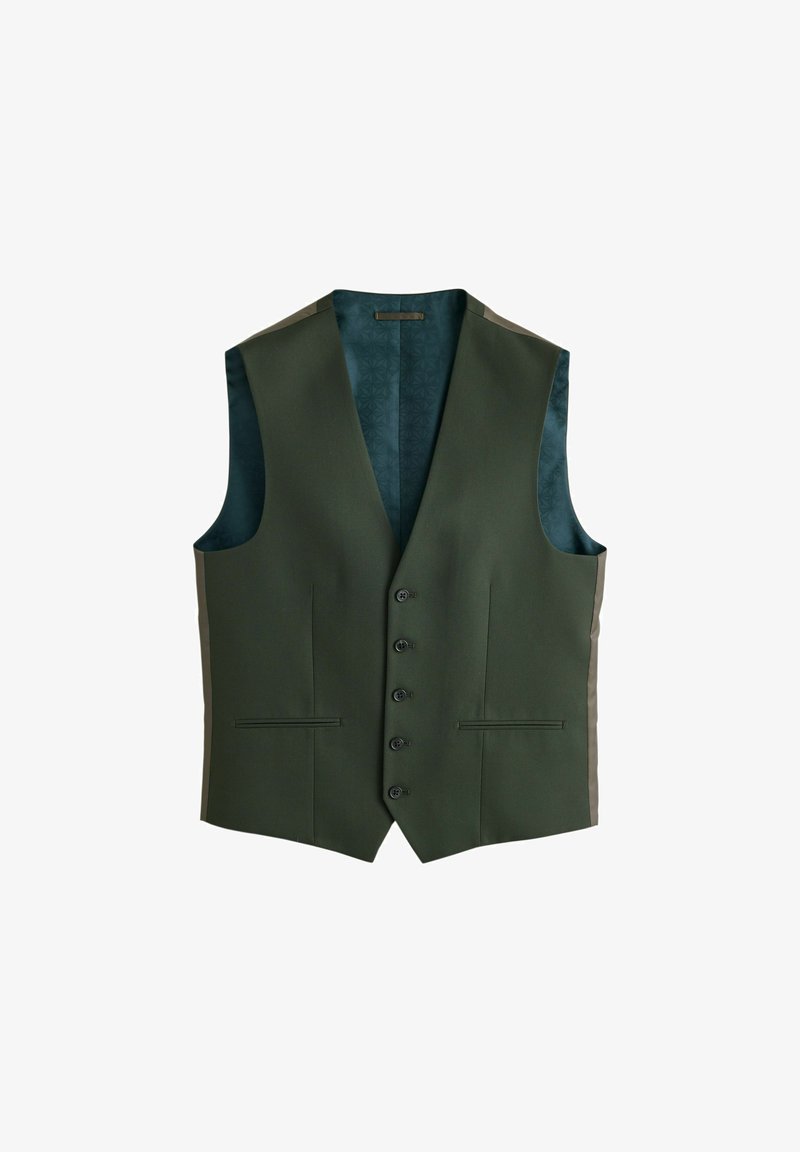 Gilet da uomo verde scuro con cinque bottoni e due tasche anteriori, che mostra una fodera interna blu con motivo.