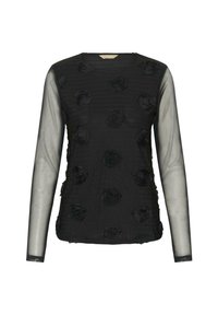 Melnas garās piedurknes blūze ar teksturētu audumu, featuring paaugstinātas melnas ziedu aplikācijas un caurspīdīgas piedurkņu daļas. Apaļš izgriezums, cieši pieguļošs dizains.