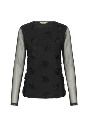 Crna majica dugih rukava od teksturirane tkanine, sa uzdignutim crnim cvjetnim aplikacijama i prozirnim rukavima. Okrugli izrez, uski kroj.