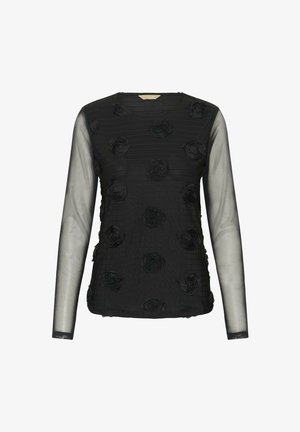 Top nero a maniche lunghe in tessuto testurizzato, con applicazioni floreali nere in rilievo e pannelli delle maniche trasparenti. Collo rotondo, design aderente.