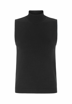 Jersey negro sin mangas con cuello alto, hecho de un tejido suave y texturizado. Presenta un diseño ajustado y un cuello acanalado, con un acabado liso en toda su superficie.