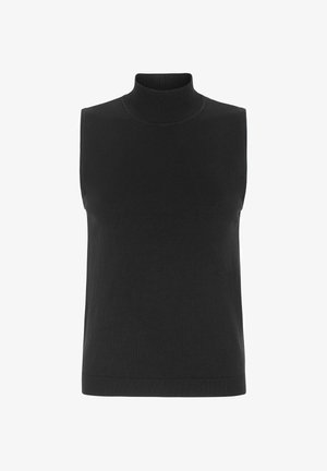 Canottiera nera senza maniche realizzata in tessuto morbido e strutturato. Presenta un design aderente e un colletto a costine, con una finitura liscia su tutta la superficie.