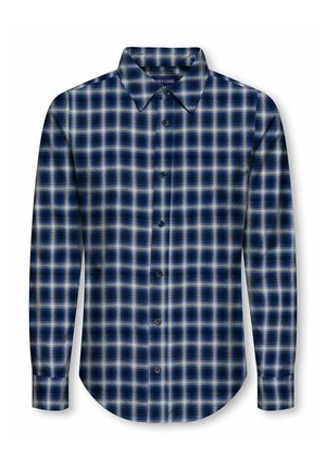 Chemise à manches longues à carreaux bleu et blanc avec col, coupe slim et ourlet arrondi.