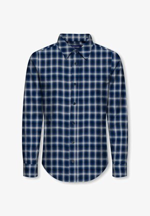 Chemise à manches longues à carreaux bleu et blanc avec col, coupe slim et ourlet arrondi.