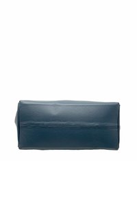 Marineblauwe leren tas, rechthoekige vorm, gestructureerd oppervlak, stevige zijkanten, beschikt over een horizontale rits aan de bovenkant, minimalistisch ontwerp.