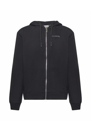 Felpa nera con zip realizzata in un mix di cotone. Presenta un cappuccio foderato con lacci, tasche frontali, polsini a coste e stampa del logo sul petto.