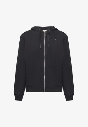 Hoodie zippé noir en mélange de coton. Il présente une capuche doublée avec cordons de serrage, des poches avant, des poignets côtelés et un imprimé logo sur la poitrine.