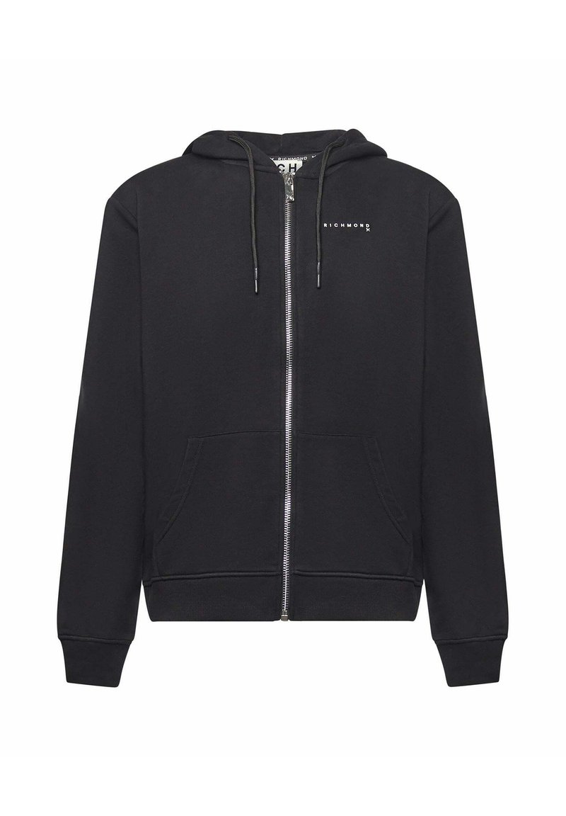 Felpa nera con zip realizzata in un mix di cotone. Presenta un cappuccio foderato con lacci, tasche frontali, polsini a coste e stampa del logo sul petto.
