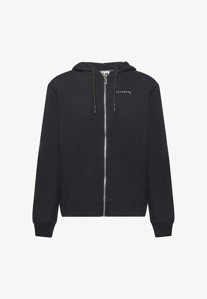 Felpa nera con zip realizzata in un mix di cotone. Presenta un cappuccio foderato con lacci, tasche frontali, polsini a coste e stampa del logo sul petto.
