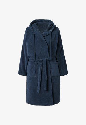 Sininen huppupyyhe pehmeästä froteekankaasta, jossa on vyötäröllä vyö, kaksi etutaskua ja rento istuvuus.