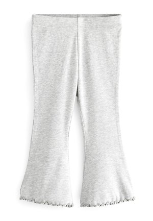 Pantalon pour enfants en maille côtelée gris clair avec jambes évasées et ourlets à volants, présenté à plat sur un fond blanc.