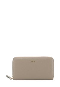 Beige leather wallet with a textured finish, zip closure, and gold embossed logo on the front. Features a sleek, rectangular design.