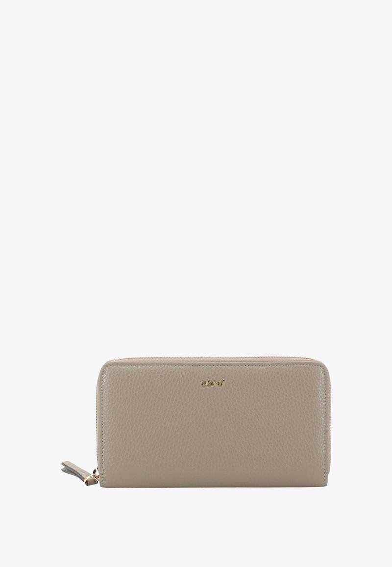 Beige leather wallet with a textured finish, zip closure, and gold embossed logo on the front. Features a sleek, rectangular design.