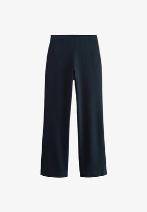 Wide-leg trousers in dark navy with a subtle pinstripe pattern, made from smooth fabric and featuring a high waistband and clean hem.
