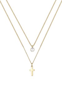 Goudkleurige gelaagde ketting met een gladde ovale hanger met een gestructureerd oppervlak en een matte kruis hanger, beide hangend aan fijne kettingen.