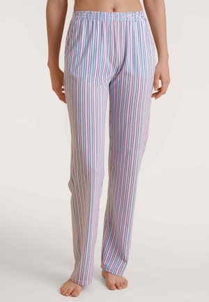 Gestreepte pyjamabroek in lichte kleuren met verticale strepen in rose, blauw en paars. Gemaakt van zachte stof met een elastische tailleband.