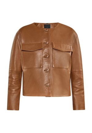 Brown leather jacket with a round neckline, front button closure, and two chest pockets. Smooth texture and cropped design.