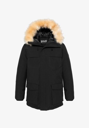 Parka nera con cappuccio foderato in ecopelliccia, dotata di due ampie tasche frontali, chiusura con zip e una fodera interna liscia.