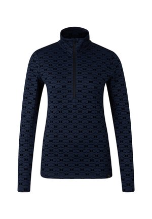 Marineblauwe pullover met rits in de nek, gemaakt van gestructureerde stof, met een patroon van brillen over het hele kledingstuk. Lange mouwen en een opstaande kraag.