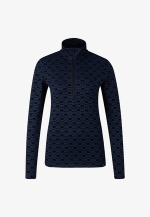 Navy zip-neck pullover made of textured fabric, featuring an all-over pattern of glasses. Long sleeves and a stand-up collar.