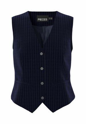 Gilet bleu marine à rayures avec cinq boutons, design en V et deux poches latérales. Fait en tissu lisse avec une coupe structurée.