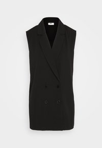 Svart ärmlös blazer med en dubbelknäppt design, skarpa slag och slät tyg. Har knappdetaljer och en skräddarsydd silhuett.