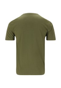 Oliven grøn bomuld T-shirt med en klassisk rund hals og korte ærmer. Glat tekstur uden synlige mønstre eller accenter.