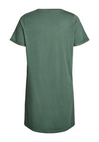 Green short-sleeve cotton t-shirt dress with a round neckline and loose fit, featuring a smooth texture and a knee-length design.