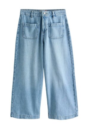 Light blue wide-leg denim pants with front patch pockets, belt loops, and button closure.