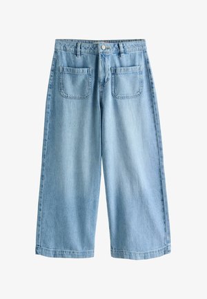 Hellblaue Jeans mit weitem Bein, vorderen aufgesetzten Taschen, Gürtelschlaufen und Knopfverschluss.