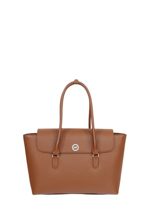 Borsa a mano in pelle marrone con due manici, chiusura a patta e piccolo logo metallico circolare al centro anteriore.