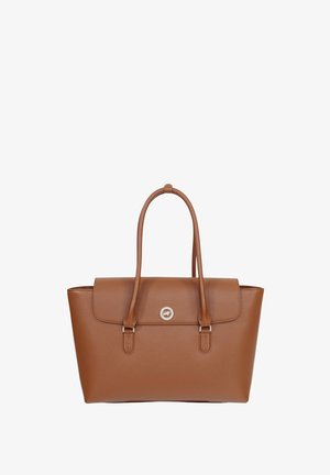 Borsa a mano in pelle marrone con due manici, chiusura a patta e piccolo logo metallico circolare al centro anteriore.